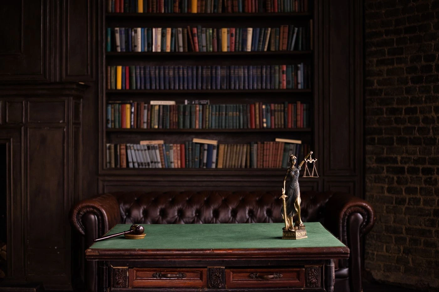 Estudio legal elegante con estanterías, libros y balanza de la justicia